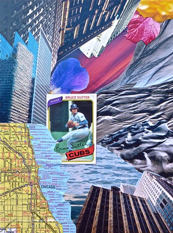 Collage by John Schuh featuring Bruce Sutter, baseball card, Chicago, architecture, map, flowers, water, sand, sunset.