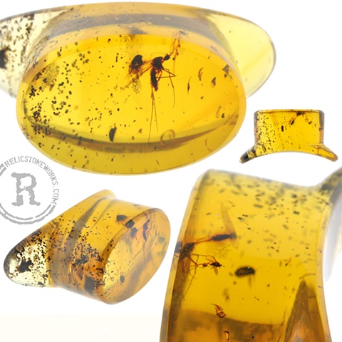 9/16" Amber Labret with Fossilized Insects