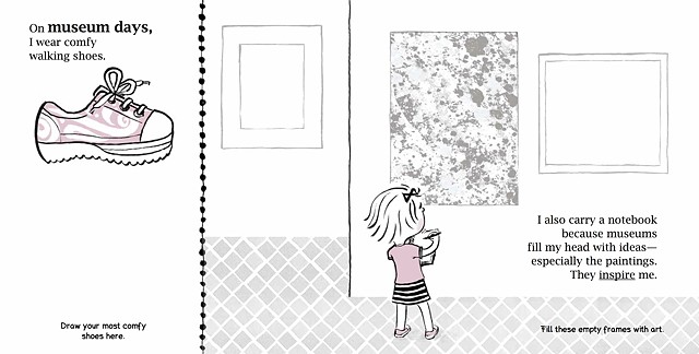 art museum, Pollack, spatter painting, sneaker, comfy shoes, little girl, children's book illustration, activity book