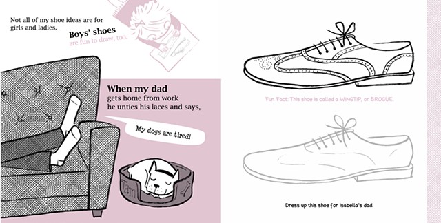 retro illustration, shoe illustration, couch illustration, men's shoes, wing-tip, shoe art, activity book, Isabella's Shoe Studio