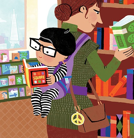 San Francisco bookstore, hip baby, bookstore, hip mom, bookstore illustration, San Francisco cityscape, children's book illustration