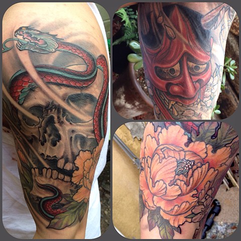 Skull Snake Peonies And Hannya Half Sleeve Tattoo Skull Snake Peonies And Hannya Half Sleeve Tattoo