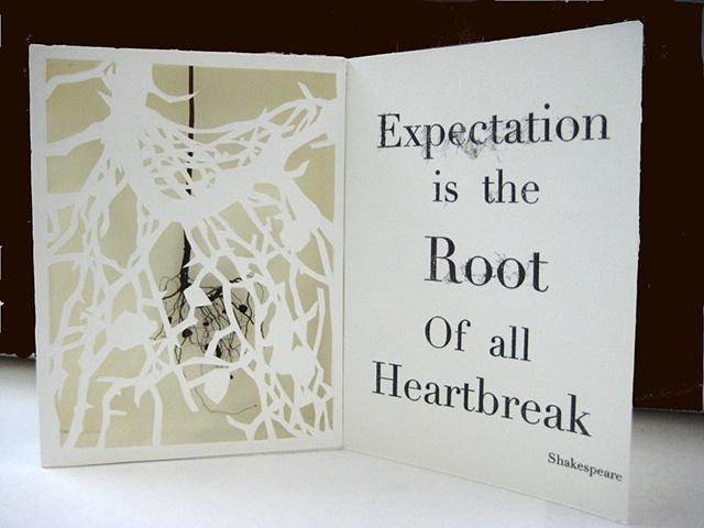 Artist book using hand cut paper and actual dried root.