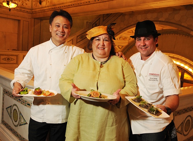 tonya gross millinery for Chef Carrie Nahabedian of Naha with Chefs Yagahashi and Gresh @ Les Dames
