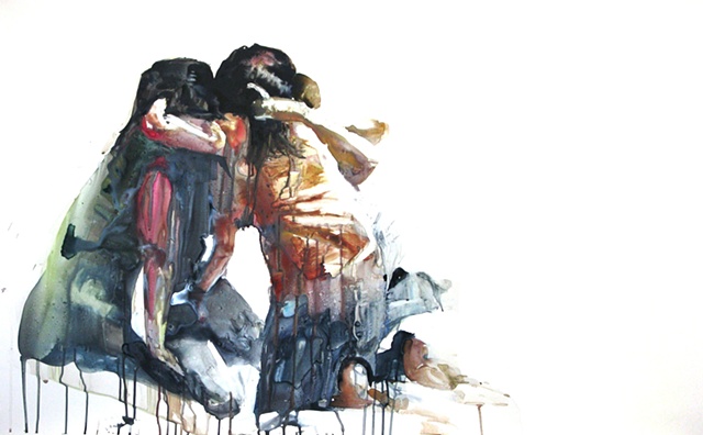 Molly Segal, watercolor on yupo, girls kissing, painting