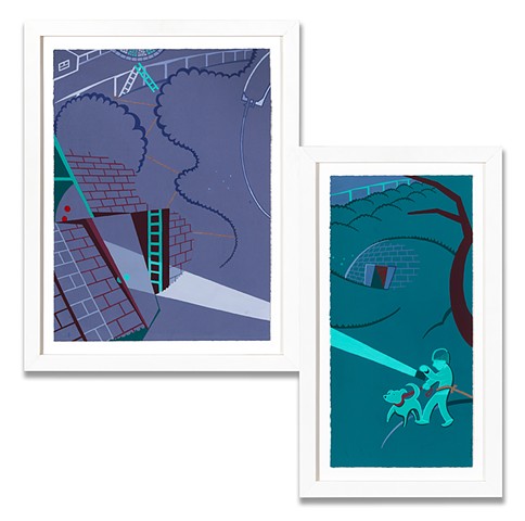 Purple, blue, green, and red diptych of boy in pajamas with dog, flashlight, and rope exploring eerie night landscape with abandoned building and possible Mothman sighting by Steven L Jones