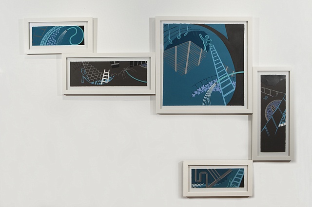 Green, brown, and white 5-panel painting of boy chasing another boy through a suburban neighborhood at night with ladders, hanging bottles, garden hose, and pipes until one falls like Icarus into underground water by Steven L Jones