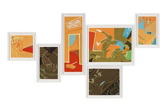 Orange, red, yellow, brown, blue, and green 6-panel painting of suburban summer images of planting, dogs, sex, apples, and watching television by Steven L Jones