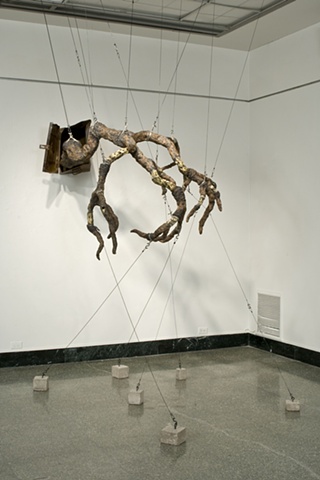 twisted, carved, branch, tree, ceramic sculpture, annie b campbell