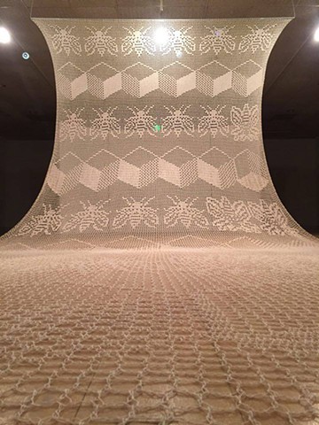 Jennifer Bennett, Fibers MFA Thesis Exhibition, Becoming Aware, Spring 2016. Filet crocheted cotton thread installation. University of Missouri.