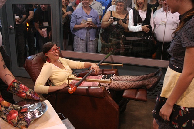Jessica Jane Julius in the glass recliner bench