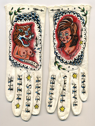 mom tattoo with leopard pin-up girl words on knuckles, tears,boobs, and scallop detail on leather gloves