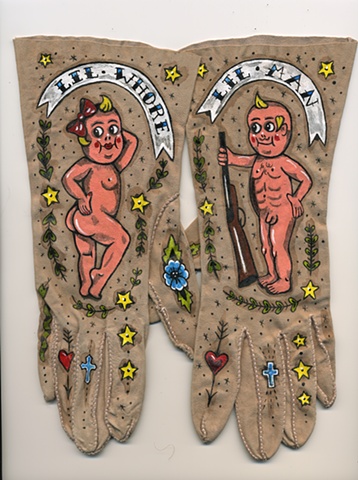 Kewpie doll tattoo theme painted on vintage women's gloves with flowers crosses and garlands