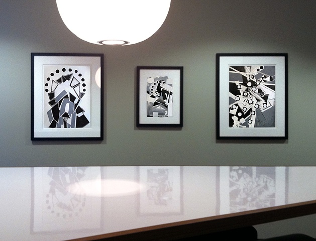Installation view of "Abstract Study (lamp)", "Abstract Study (smoke and arrows)" and "Abstract Study (tree)"