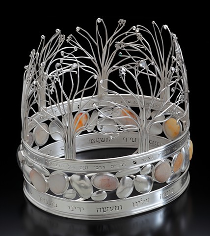 Anika Smulovitz, torah crown keter torah rimonim sterling silver Judaica river rocks emerald ruby opal moonstones handmade