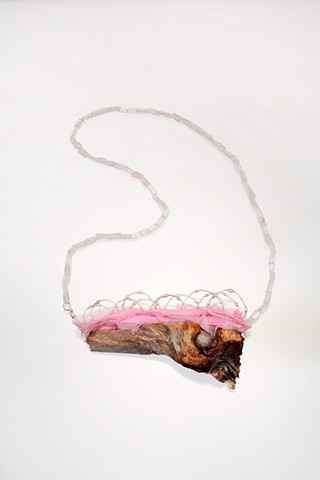 Smulovitz, breathe 9, sterling silver, repurposed thrift store clothing, found wood, rose quartz necklace, 2017