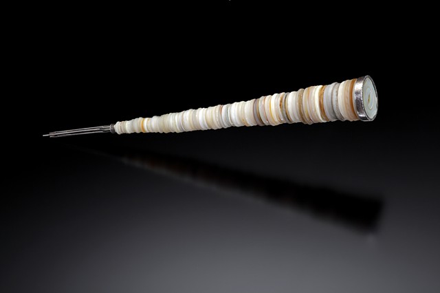 Anika Smulovitz, Torah pointer matriarchs honoring sterling silver antique mother of pearl buttons embroidery needles