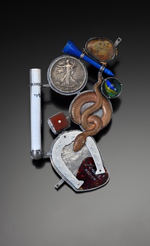 Anika Smulovitz, mezuzah amulet found objects luck dice coins marble lucky charms judaica sterling silver