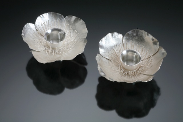 Anika Smulovitz, Papaver orientale shabbat candlesticks sabbath silver judaica silversmithing metalsmithing