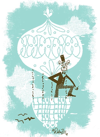 Up, Up and Away 
OR 
Dog Smoking in a Hot Air Balloon
(Colour Gocco)