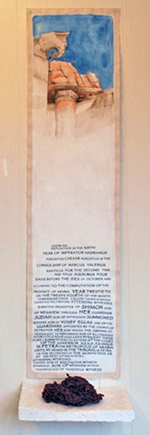 Elephant Capital at the Great Temple at Petra, with Papyrus Yadin XIV Deposition and shelf with wool 2008 Mimi Weinberg