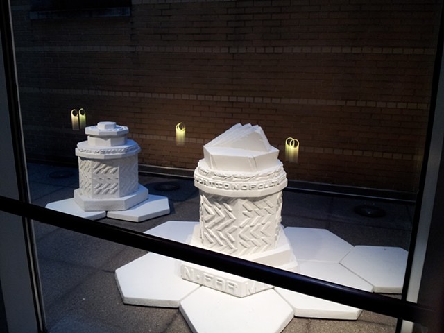 Monument to AD Gordon, outdoor installation including motifs of ancient architecture,agriculture, machines, hebrew folk song and quote for Zionist Labor philosophe A.D. Gordon