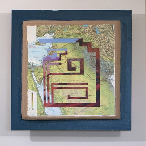 Retama roetam, Wadi Rum, Jordan, mixed media, flowers and maps of the Middle East