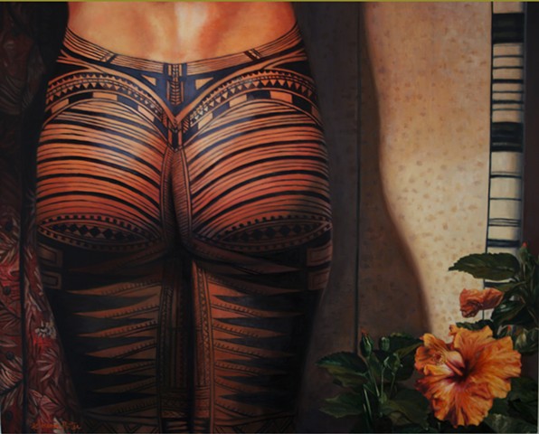 Pea, Tatau, original oil painting, Hawaii, long board, culture, female/male