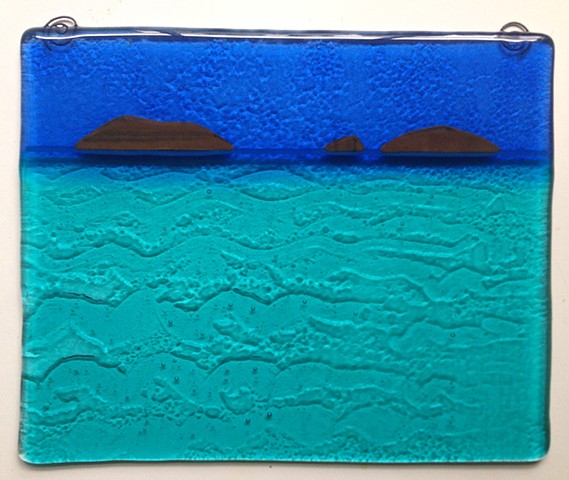 "8 x 10" Watery Postcard
Details:
1/4" thick and hangs by wire melted into the top of glass. It can hang on wall or in window.