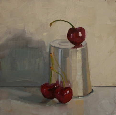 small oil painting, daily painting, cherries, aluminum cup, still life