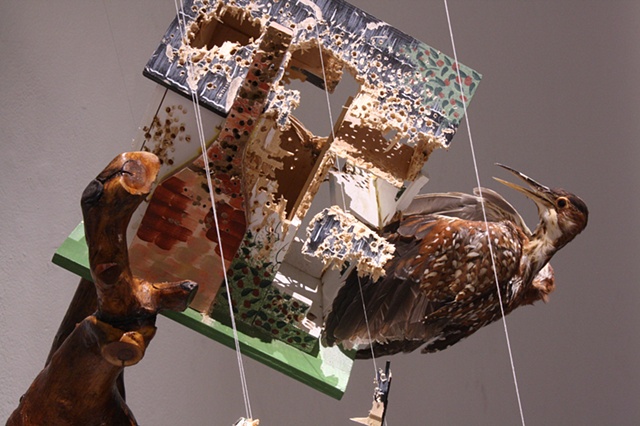 Recycled taxidermy, birdhouse, thread, taxidermy wood mount, woodchips