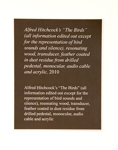 title:
Alfred Hitchock's "The Birds" (all information edited out except for the representation of bird sounds and silence), resonating wood, transducer, feather coated in dust residue from drilled pedestal, monocular, audio cable and acrylic