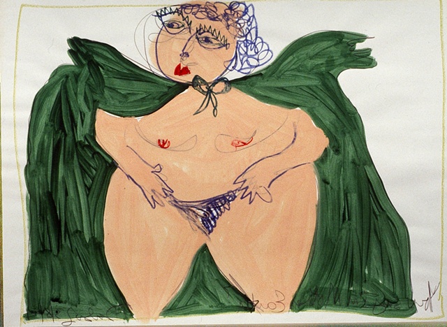 Painting of a naked earth mother wearing a big green cape by Patricia Dubroof