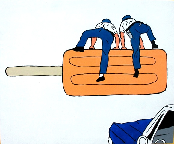 Two cops climbing an orange creamsicle popsicle 1970's