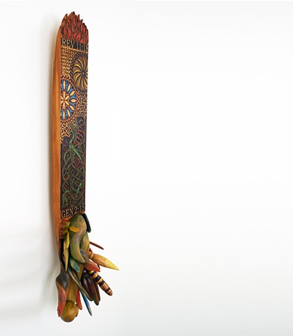 Ecological Art; Environmental Art; Sculpture; Woodwork; Eco-ethics; Christian Left; Genesis 2:15; Revelations 11:18; Mangle Board; Norwegian Folk Art; Critical Design; Order and Chaos