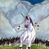 A unicorn trying to jump rope.