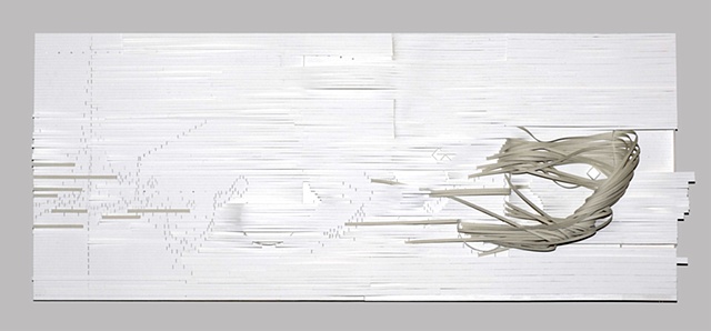 This is a stanza from the Rumi poem made spatial by layering of paper strips conveying the movement of its words 