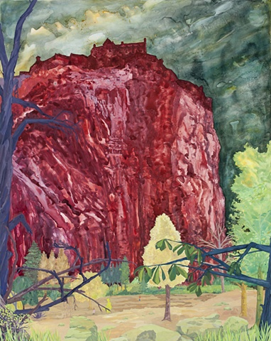 Colorful, watery, loose and specifically rendered landscape made of gouache and ink on wood panel