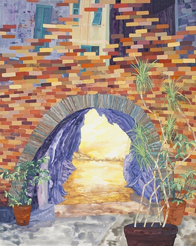 Colorful geometric shapes juxtopsed with watery, loose painted landscape made of gouache and ink on wood panel