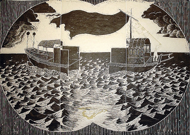 woodcut, drawing, printmaking, seascape