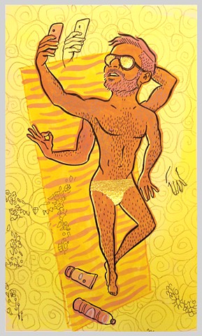 ink gouache gay hunk beach glitter selfie iphone color painting drawing original artwork
