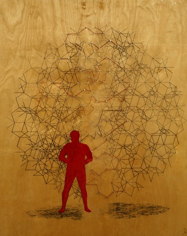 Geometric circular shape with male figure.
