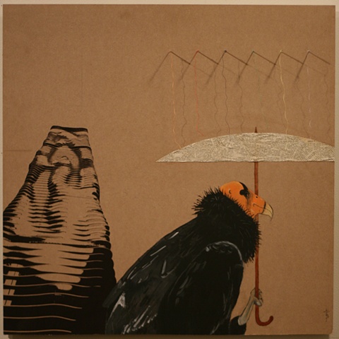 Painted image of a california condor holding an umbrella next to screened Chicago aqua building.