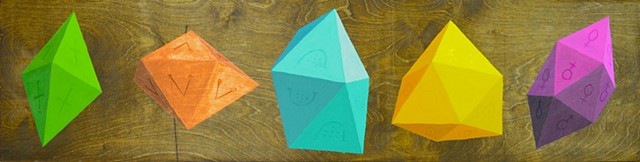 Five polyhedra (convex deltahedra) in green, copper, light blue, yellow and magenta)