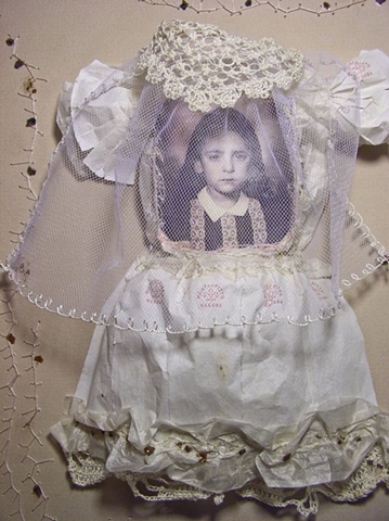 Tissue paper, crochet samples, Cuban cigarette wrappings, color xerox-copy of an old photograph, thread. Hand embroidery and stitching.