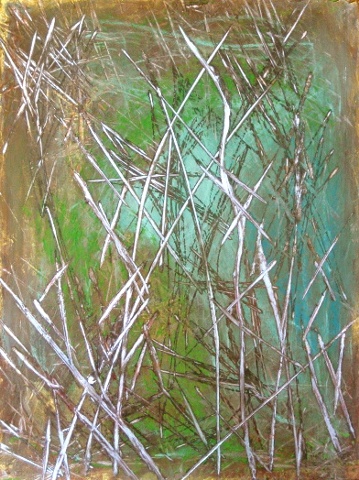 encaustic painting, pale green,blue, with old silver accents