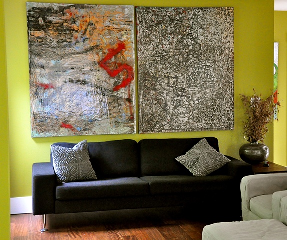 impressionistic paintings in black and grey tones with hits of red.