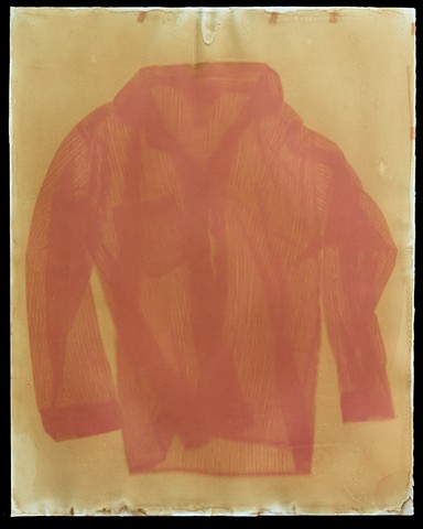 Six week anthotype exposure made with yellow onion skin and beet juice emulsion and a a striped pajama top.
