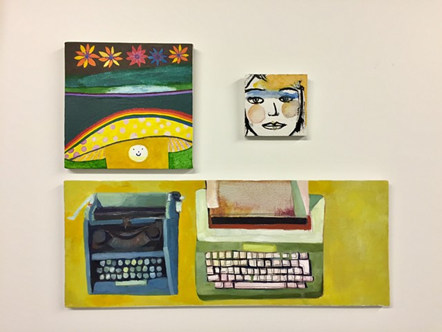 three original paintings by Rochester New York artist Rina Miriam Drescher featuring a happy mushroom, face of a woman, and two typewriters