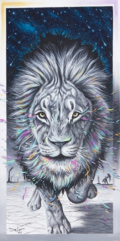 escape the wild lion running black and white